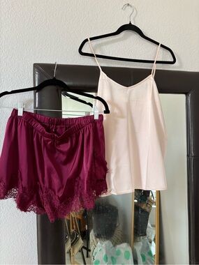 Boutique Satin Wrap Cami & Burgundy Lace Shorts Set Ivory wine Women’s L 8 10